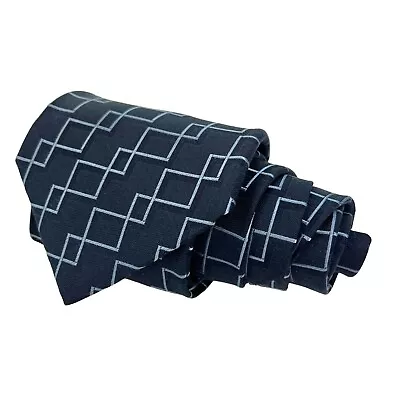 Allea Milano Men’s Necktie Geometric Navy Blue Squares 100% Silk 60”x4” Italy • $7.97