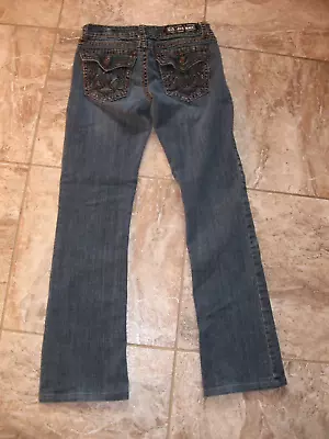 LA Idol Womens 5 Blue Denim Jeans Bootcut Low Rise Bling Embroidered 29x34 • $7.95