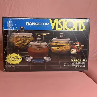 VTG 80’s Corning Ware Rangetop Visions 6 Pc Glass Covered Saucepan Set V-300-N • $170