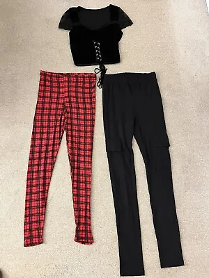 Ladies / Girls Red Tartan Leggings Black Leggings & Velvet Top Bundle Size 6-8 • £4.99