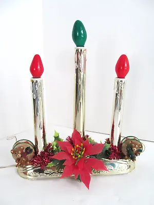 Vtg Christmas 3 Light Window Candles Electric Candelabra Gold Floral Drum BearC5 • $22.80