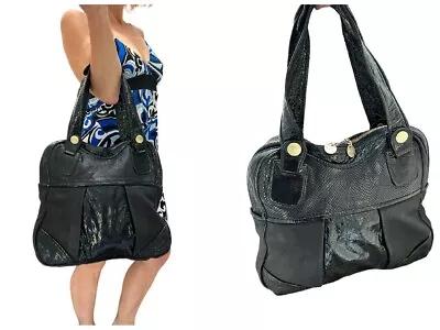 Gustto Black Leather Patent Leather Tote Hand Bag Purse W/ Embossed Snakeskin • $50.99