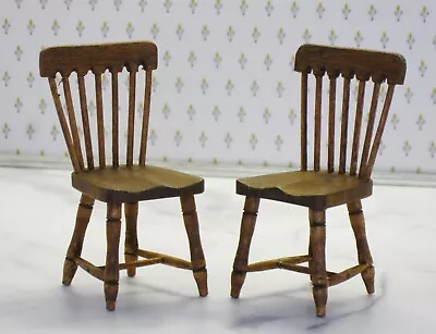 Pair Of Artisan Signed Walnut Wood Windsor Chairs - Artisan Dollhouse Miniature • $39.99