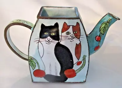 Vintage Miniature Enameled Copper Teapot - Two Cats With Cherries No Lid • $4.99