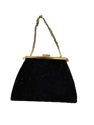 Neusteters Denver Black Velvet Clutch Purse With Small Chain Gold Metal Vintage • $14