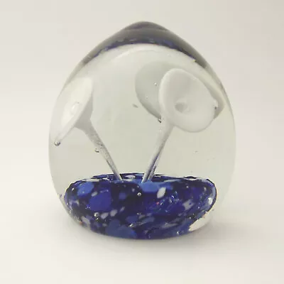 Large Egg Shape Glass Paperweight White Trumpet Flowers Control Bubbles • $29.50