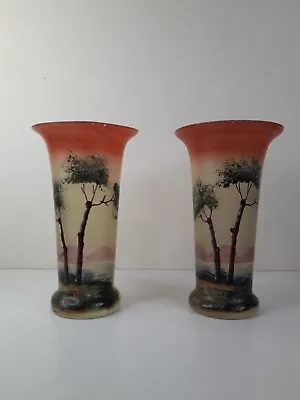 Pair Of French Lagras Enamel Hand Painted Vases Art Nouveau C1900 Galle Style • £295