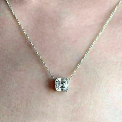 2Ct Asscher Cut Lab Created Diamond Solitare Pendant 18  14k White Gold Finish • $80.92