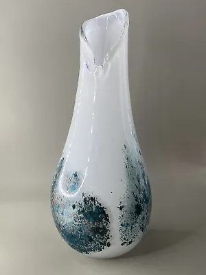Vintage MCM Hand Blown Encased Art Glass Vase 10.5” White Blue Asymmetrical • $34.95