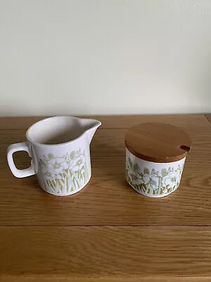 VINTAGE White Hornsea Fleur Milk Jug And Sugar Bowl With Wooden Lid Excellent • £8
