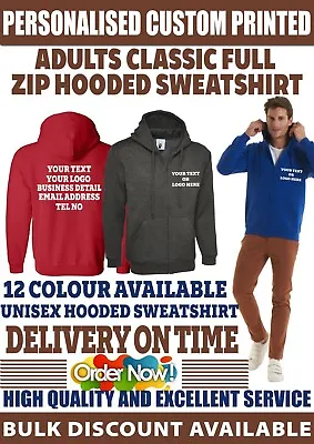 £15.99 • Buy Personalised Custom Printed Full Zip Up Hoodie Your Text Logo Unisex Workwear 