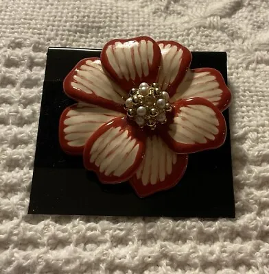 Monet Brooch Flower Enamel Faux Pearl Red White Rhinestone Pin Signed • $9.99