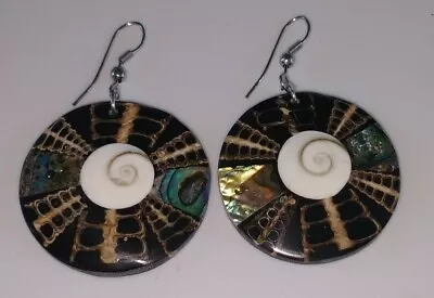  Abalone Shell Inlaid Earrings Festive Fetish Dangle Tropical 1  • $8