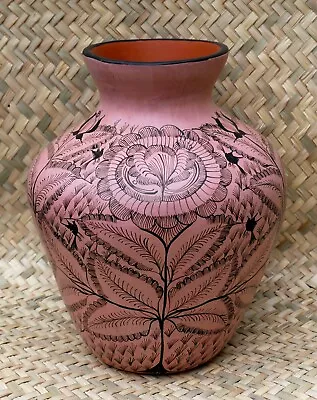 Floral Vase Dusty Rose & Black Hand Painted Michoacan Mexican Folk Art Large Sz • $98