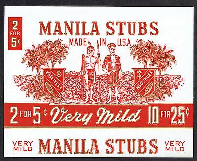 ORIGINAL Manila Stubs Cigar Box Label Gilt Palms & Natives 2 For 5 Cents Mint • $4.97