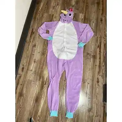 Unicorn Adult One Piece Pajamas Purple White PJs Womens  XL Unisex Fleece • $13.30