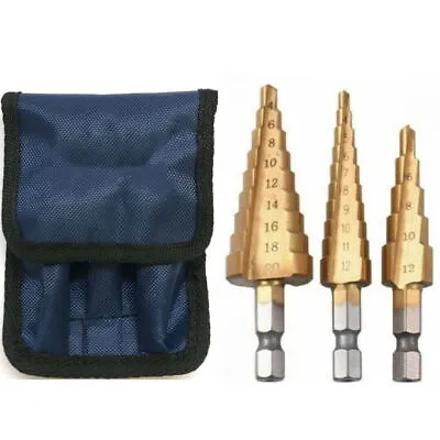 £5.49 • Buy 3pcs Large HSS Step Taper Drill Titanium Bits Set Of Hole Knives 3pcs + Blue Bag