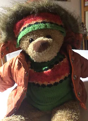 Eddie Bauer Winter Teddy Bear Brown 14  Plush Green Hat Sweater Orange Jacket • $9.99
