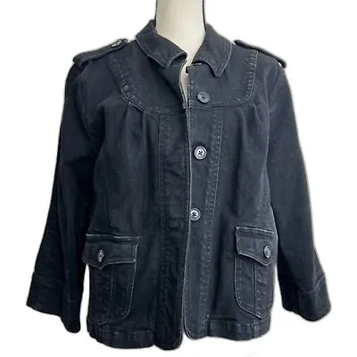 Motto Washed Black Cropped 3/4 Sleeve Moto Denim Button Front Jacket Size Large • $19.50