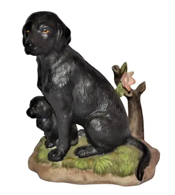 Vintage Black Labrador Dog And Puppy Figurine Porcelain Made In Tiawan • $14.99