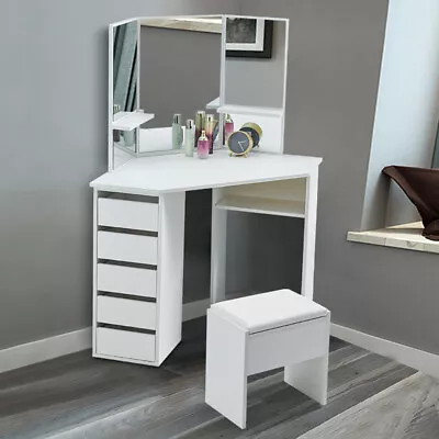 £149.99 • Buy White Corner Dressing Table Makeup Desk Vanity Table 5 Drawers With Stool Mirror