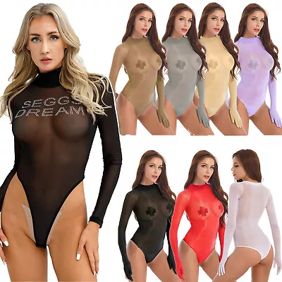 Women's Bodysuit Leotard Stretchy See-through Mesh Jumpsuit Tops And Gloves • $6.76