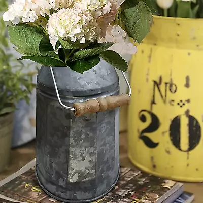 Vintage Galvanized Metal-Decorative Milk Pail W/ Wood Handle • $26.21