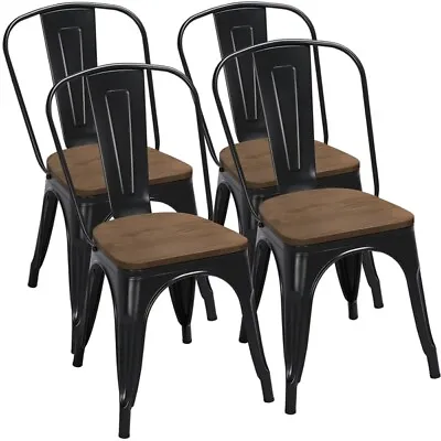 Metal Dining Chairs W/Wood Seat Stackable Side Chairs Kitchen Bistro Chair Black • $179.99