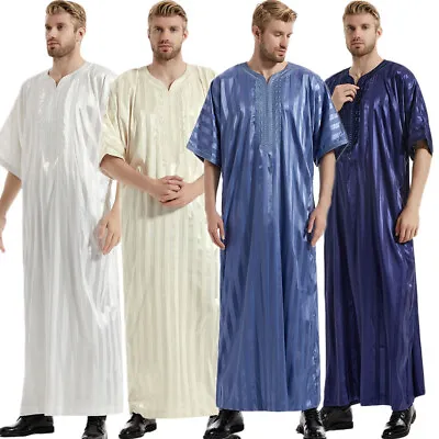 Abaya Men Thobe Jubba Thoub Muslim Short Sleeve Robe Saudi Arab Kaftan Dishdasha • $33.77