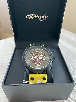 Ed Hardy Men's Matte Yellow Silicone Strap Tiger Watch 46mm • $34.99