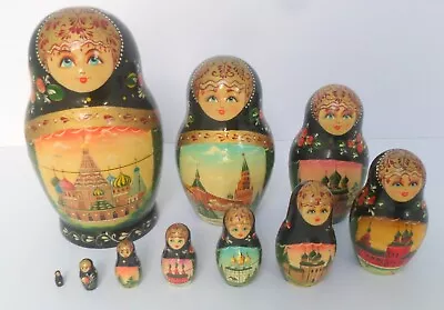 Large Hand Painted Russian Matryoshka 10 Piece Nesting Dolls • £45