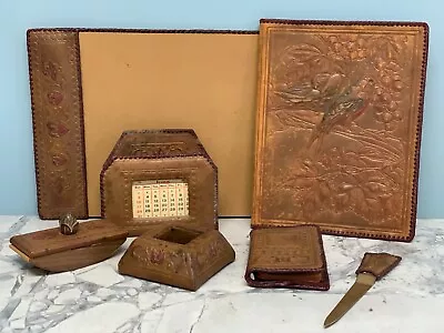 Antique Hand Tooled Leather Stationary Desk Set From Italy • $99