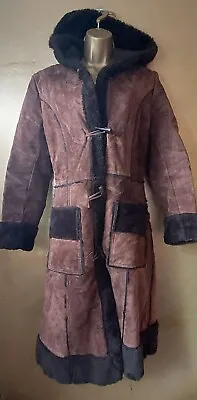 Vintage Brown Sheepskin Hooded Coat S.14 Knee Lengthwool Trimpockets Toggle • £125