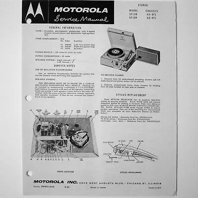 Motorola ® Model SF13B SF13R Portable Record Player Service Sheet © 1960 • $4.70