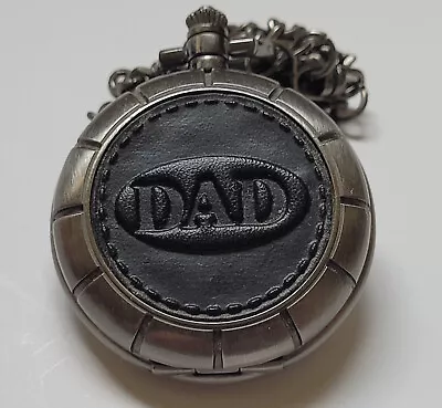 DAD Pocket Watch With Exterior Leather Inset Chain Silver Tone #s Not Running • $19.99