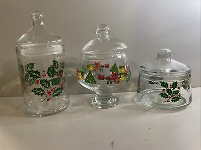 3-Vintage Indiana Glass Apothecary Holly Berry Christmas Candy Jar& Lid Canister • $19