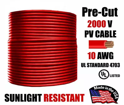 10 AWG Gauge PV Wire 1000/2000 Volt Pre-Cut 15-500 Ft Solar Installation RED • $50