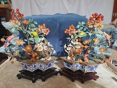 Vintage Pair Cloisonné Chinese Jade Cornelian Gemstone + Enamel Bird Bonsai Tree • $310.84