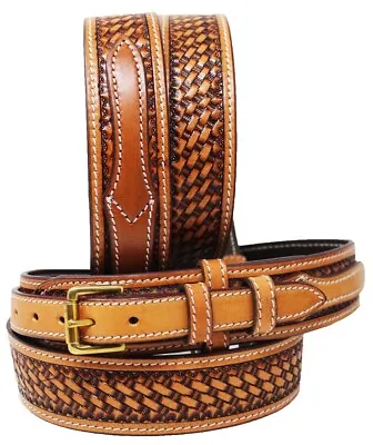 Mens Western Ranger Belt Leather Basket Weave Tooled Black Tan Brown • $34.99