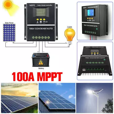 100A MPPT Solar Charge Controller 12V-48V DC 2 USB Solar Panel Charge Regulator • £33.91