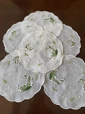 Stunning VTG Set/6 Organdy Madeira Emb  Lily Of The Valley  Rd Doilies 7 1/2  EA • $85