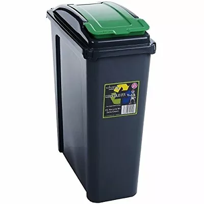 25L Slimline Bin With Green Flap Lid Waste Storage Kitchen Garden Trash Dustbin • £13.59