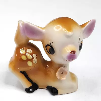 Vintage MCM Ceramic Fawn Deer Figurine 1.75  Big Eye Kneeling W Flower Japan • $15