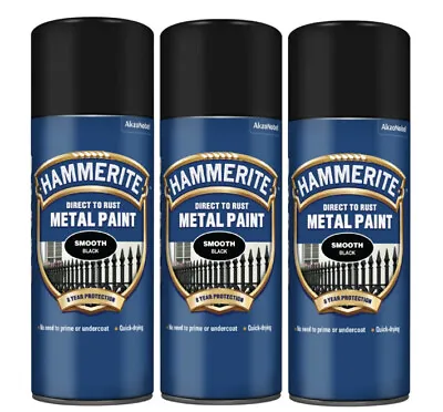 3x Hammerite Direct To Rust Smooth Black Aerosol Quick Drying Spray Paint 400ml • £30.95