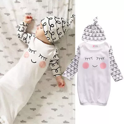 Newborn Baby Boy Girl Gown Swaddle Sleepwear Sleeping Bags + Hat Pajamas Outfit • £11.99