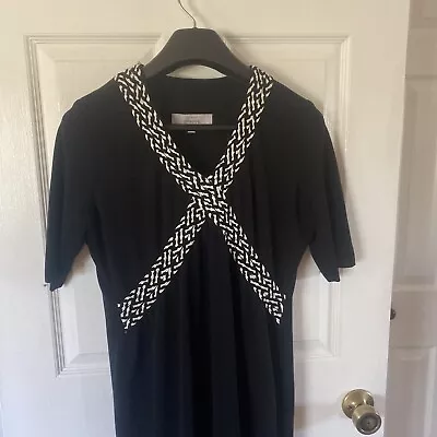 Exclusively Misook Black W/Cream Trim Short Sleeve Pullover Stretch Dress Size L • $32.99