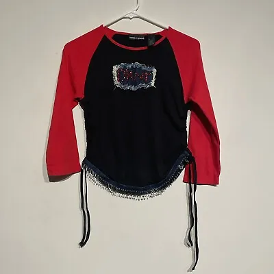 VTG DKNY Jeans Y2K Red/Black Baseball Shirt Rhinestones Safety Pins McBling L • $50