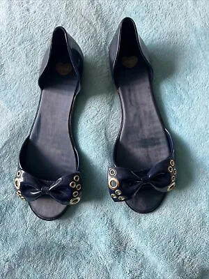 MELISSA MEL Blue Rubber Bow Details Open Flat Shoes Size EUR 39 UK 6 • £8