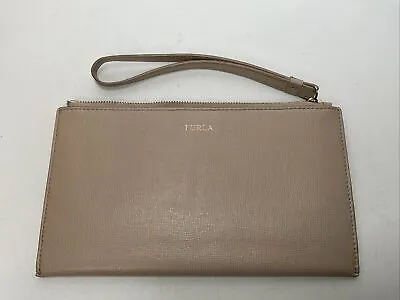 FURLA Tan Envelope Leather Wristlet Zip Clutch Wallet Pouch Bag • $30