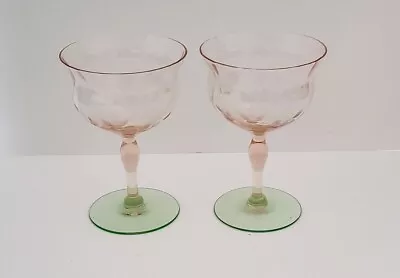 Two Vintage Depression Watermelon Glasses Pink & Green Etched • $48